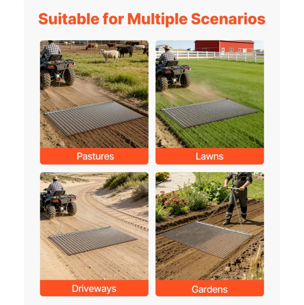 VEVOR Drag Harrow, 5 x 3 ft, High-Efficiency Chain Harrow Rake, ATVs UTVs Tractors Attachments, Durable Galvanized Steel Mesh Drag Mat with Towing Chain, for Gravel Driveway Ruts Farm Field Leveling