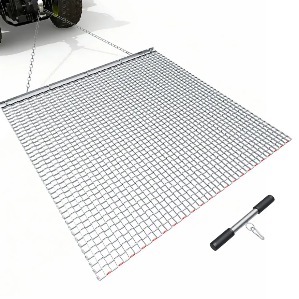 VEVOR Drag Harrow, 4 x 4 ft, High-Efficiency Chain Harrow Rake, ATVs UTVs Tractors Attachments, Durable Galvanized Steel Mesh Drag Mat with Towing Chain, for Gravel Driveway Ruts Farm Field Leveling