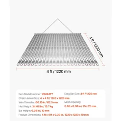 VEVOR Drag Harrow, 4 x 4 ft, High-Efficiency Chain Harrow Rake, ATVs UTVs Tractors Attachments, Durable Galvanized Steel Mesh Drag Mat with Towing Chain, for Gravel Driveway Ruts Farm Field Leveling