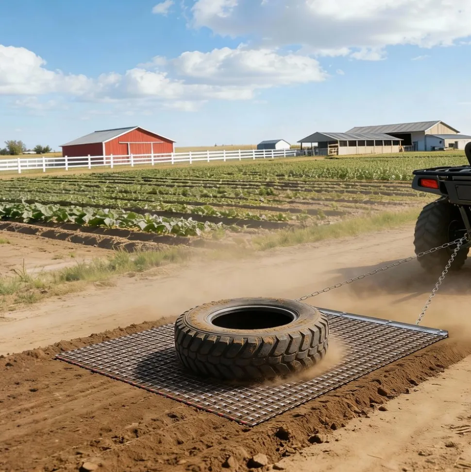 VEVOR Drag Harrow, 4 x 4 ft, High-Efficiency Chain Harrow Rake, ATVs UTVs Tractors Attachments, Durable Galvanized Steel Mesh Drag Mat with Towing Chain, for Gravel Driveway Ruts Farm Field Leveling