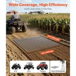 VEVOR Drag Harrow, 4 x 4 ft, High-Efficiency Chain Harrow Rake, ATVs UTVs Tractors Attachments, Durable Galvanized Steel Mesh Drag Mat with Towing Chain, for Gravel Driveway Ruts Farm Field Leveling