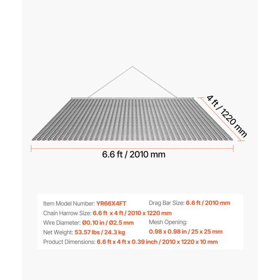 VEVOR Drag Harrow, 6.6 x 4 ft, High-Efficiency Chain Harrow Rake, ATVs UTVs Tractors Attachments, Durable Galvanized Steel Mesh Drag Mat with Towing Chain, for Gravel Driveway Ruts Farm Field Leveling