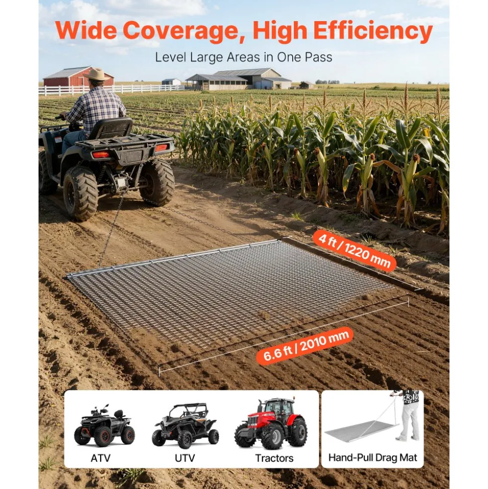 VEVOR Drag Harrow, 6.6 x 4 ft, High-Efficiency Chain Harrow Rake, ATVs UTVs Tractors Attachments, Durable Galvanized Steel Mesh Drag Mat with Towing Chain, for Gravel Driveway Ruts Farm Field Leveling