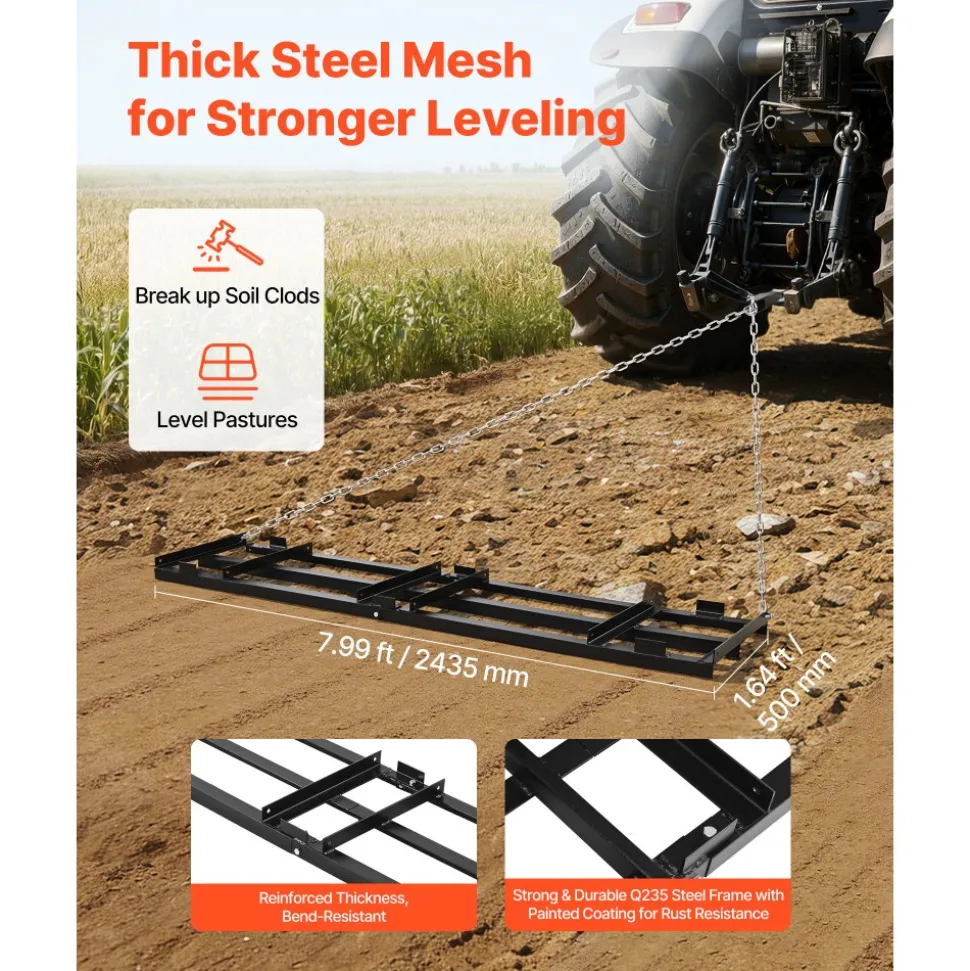 VEVOR Drag Harrow, 96 x 20 in, Tow-Behind Driveway Grader with Adjustable Width & 50lbs Load Capacity, Heavy Duty Lawn Leveling Rake, Galvanized Steel Gravel Driveway Drag, Fits ATVs UTVs Tractors