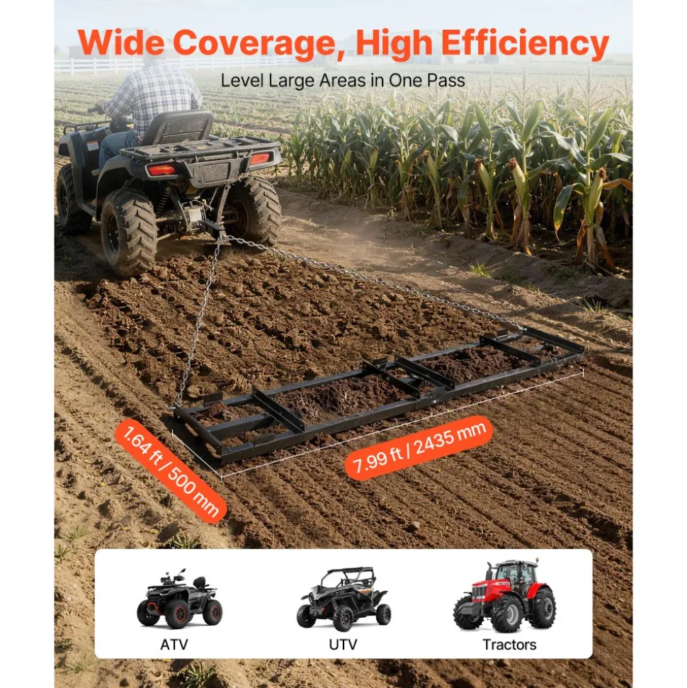 VEVOR Drag Harrow, 96 x 20 in, Tow-Behind Driveway Grader with Adjustable Width & 50lbs Load Capacity, Heavy Duty Lawn Leveling Rake, Galvanized Steel Gravel Driveway Drag, Fits ATVs UTVs Tractors