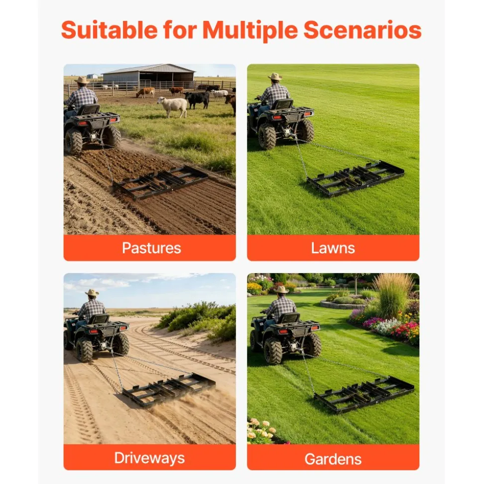 VEVOR Drag Harrow, 48 x 20 in, Tow-Behind Driveway Grader with Adjustable Width & 50lbs Load Capacity, Heavy Duty Lawn Leveling Rake, Galvanized Steel Gravel Driveway Drag, Fits ATVs UTVs Tractors