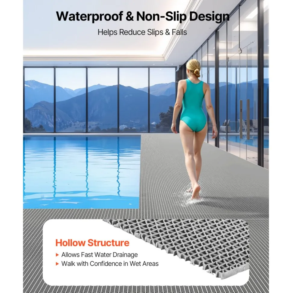 VEVOR Drainage Mat, 3 x 10 ft, PVC Non Slip Commercial Floor Mat, Wet Area Water Drain Splash Matting Hollow Doormat Roll, for Outdoor Indoor Restaurant Swimming Pool Patio Bathroom Washroom, Gray