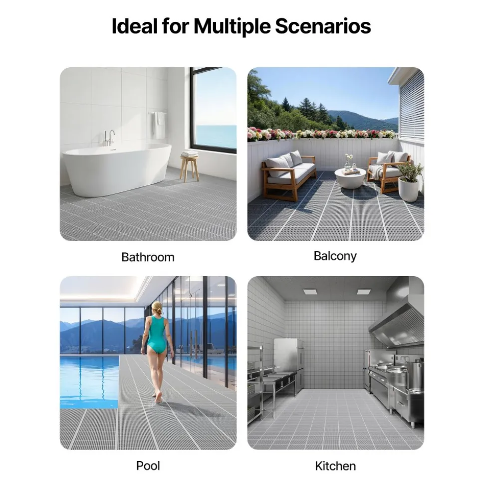 VEVOR Drainage Mat, 3 x 50 ft, PVC Non Slip Commercial Floor Mat, Wet Area Water Drain Splash Matting Hollow Doormat Roll, for Outdoor Indoor Restaurant Swimming Pool Patio Bathroom Washroom, Gray