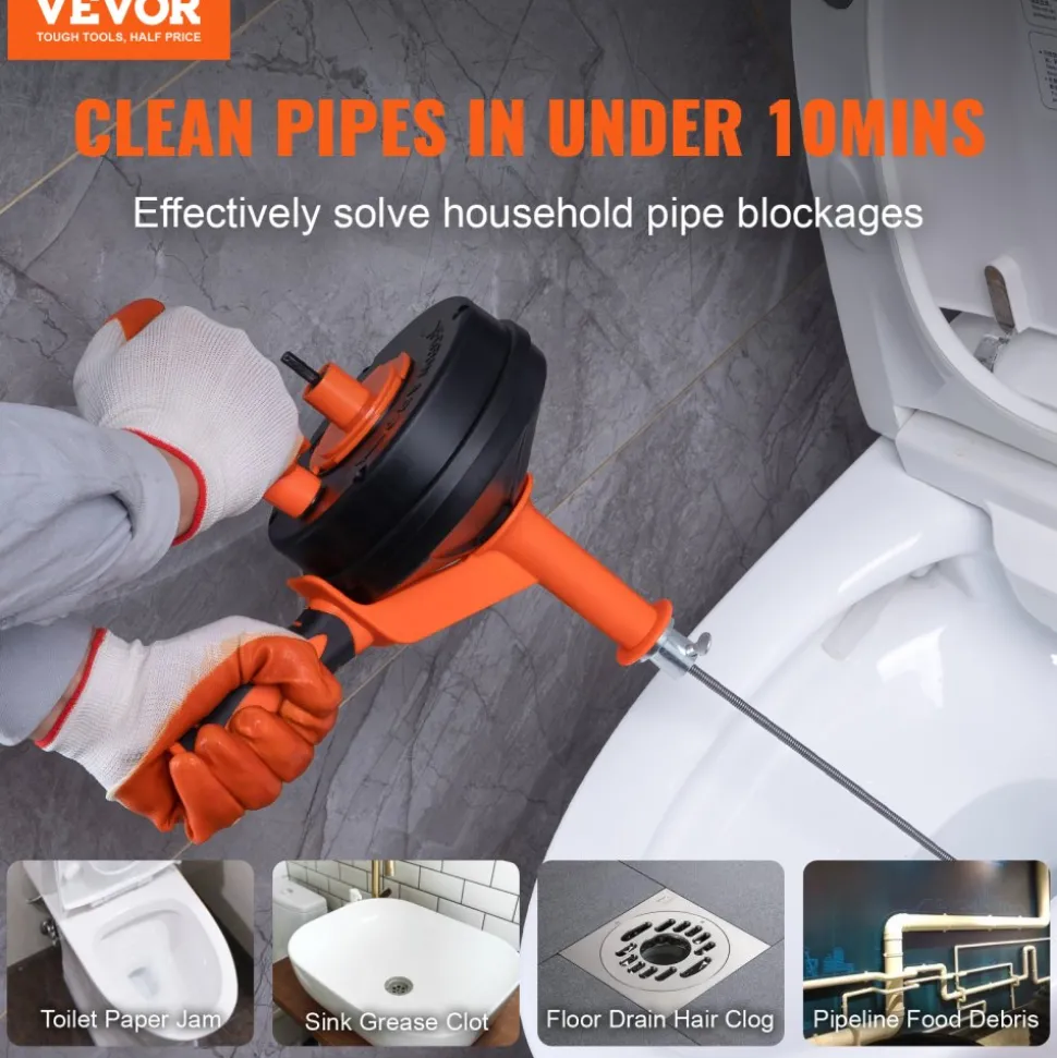 VEVOR Drain Auger 25Ft, Plumbing Snake with Drill Attachment, Plumbers Snake Drain Clog Remover for Kitchen Bathroom Shower Sink with Protective Hose and Gloves