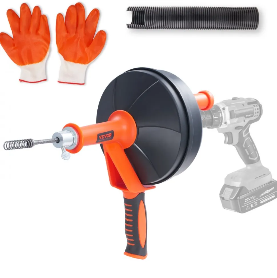 VEVOR Drain Auger 25Ft, Plumbing Snake with Drill Attachment, Plumbers Snake Drain Clog Remover for Kitchen Bathroom Shower Sink with Protective Hose and Gloves