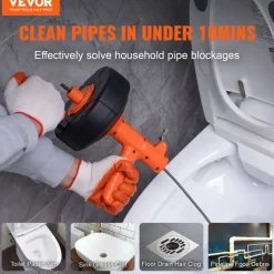 VEVOR Drain Auger 25Ft, Plumbing Snake Auto Feed, Plumbers Snake with Drill Attachment, Pipe Snake Drain Clog Remover for Kitchen Bathroom Shower Sink with Protective Hose and Gloves