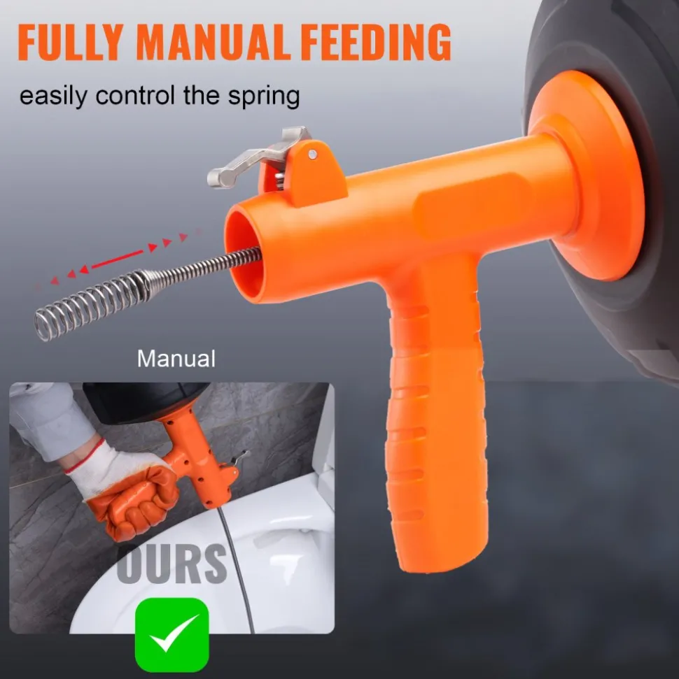 VEVOR Drain Auger 25Ft, Plumbing Snake Auto Feed, Plumbers Snake with Drill Attachment, Pipe Snake Drain Clog Remover for Kitchen Bathroom Shower Sink with Protective Hose and Gloves