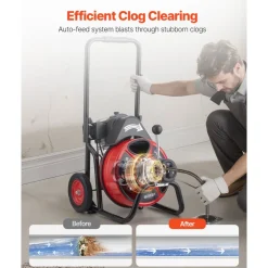 VEVOR Drain Cleaner Machine 100 FT x 3/8 Inch, Auto Feed Sewer Snake Auger on Wheels, Portable Drain Cleaning Machine with 4 Cutters & Air-activated Foot Switch for 2" to 4" Pipes