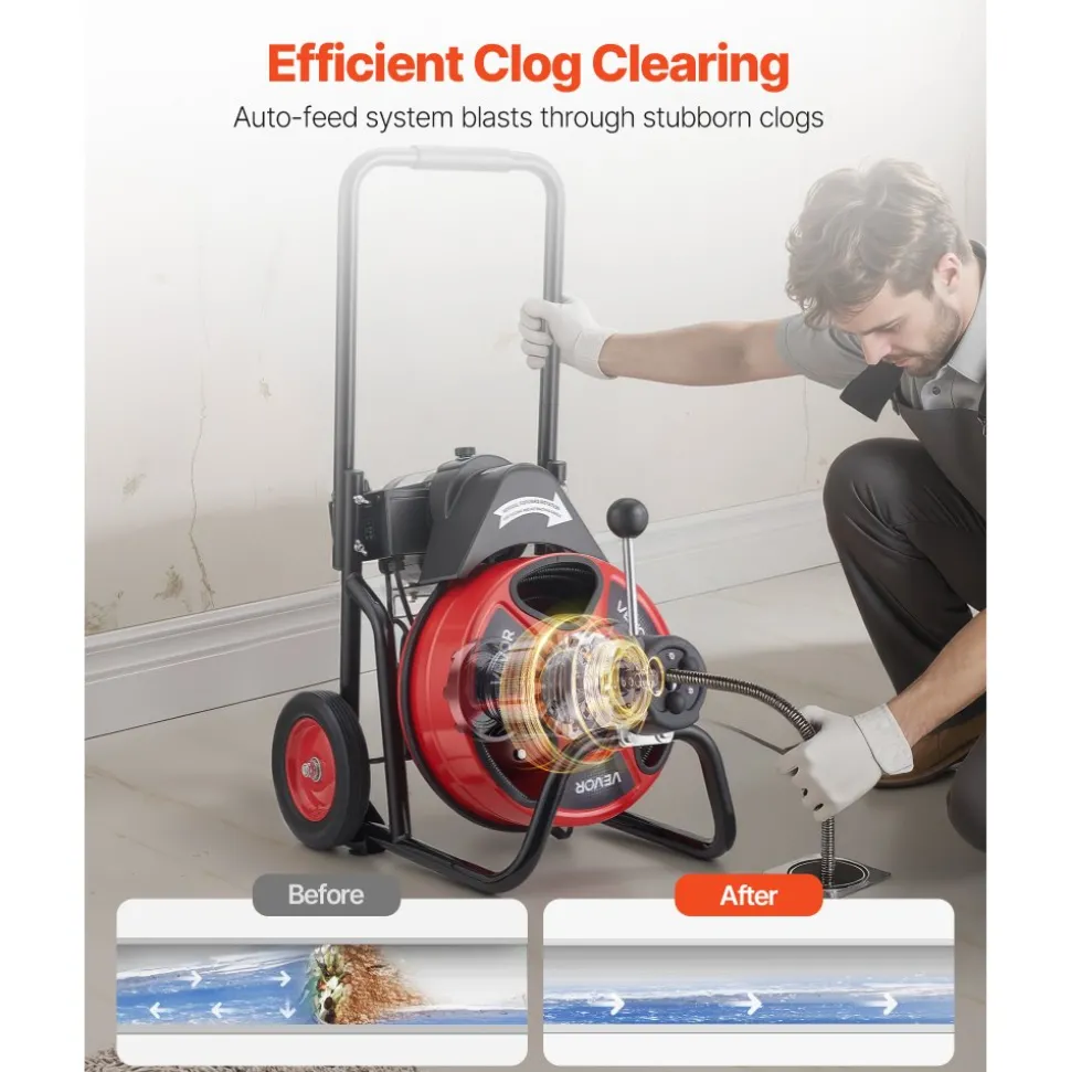 VEVOR Drain Cleaner Machine 100 FT x 3/8 Inch, Auto Feed Sewer Snake Auger on Wheels, Portable Drain Cleaning Machine with 4 Cutters & Air-activated Foot Switch for 2" to 4" Pipes