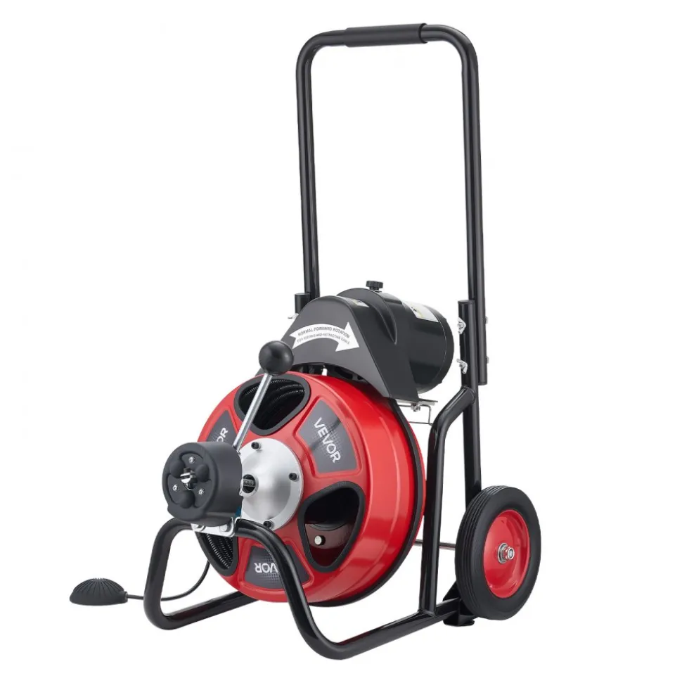 VEVOR Drain Cleaner Machine 100 FT x 3/8 Inch, Auto Feed Sewer Snake Auger on Wheels, Portable Drain Cleaning Machine with 4 Cutters & Air-activated Foot Switch for 2" to 4" Pipes