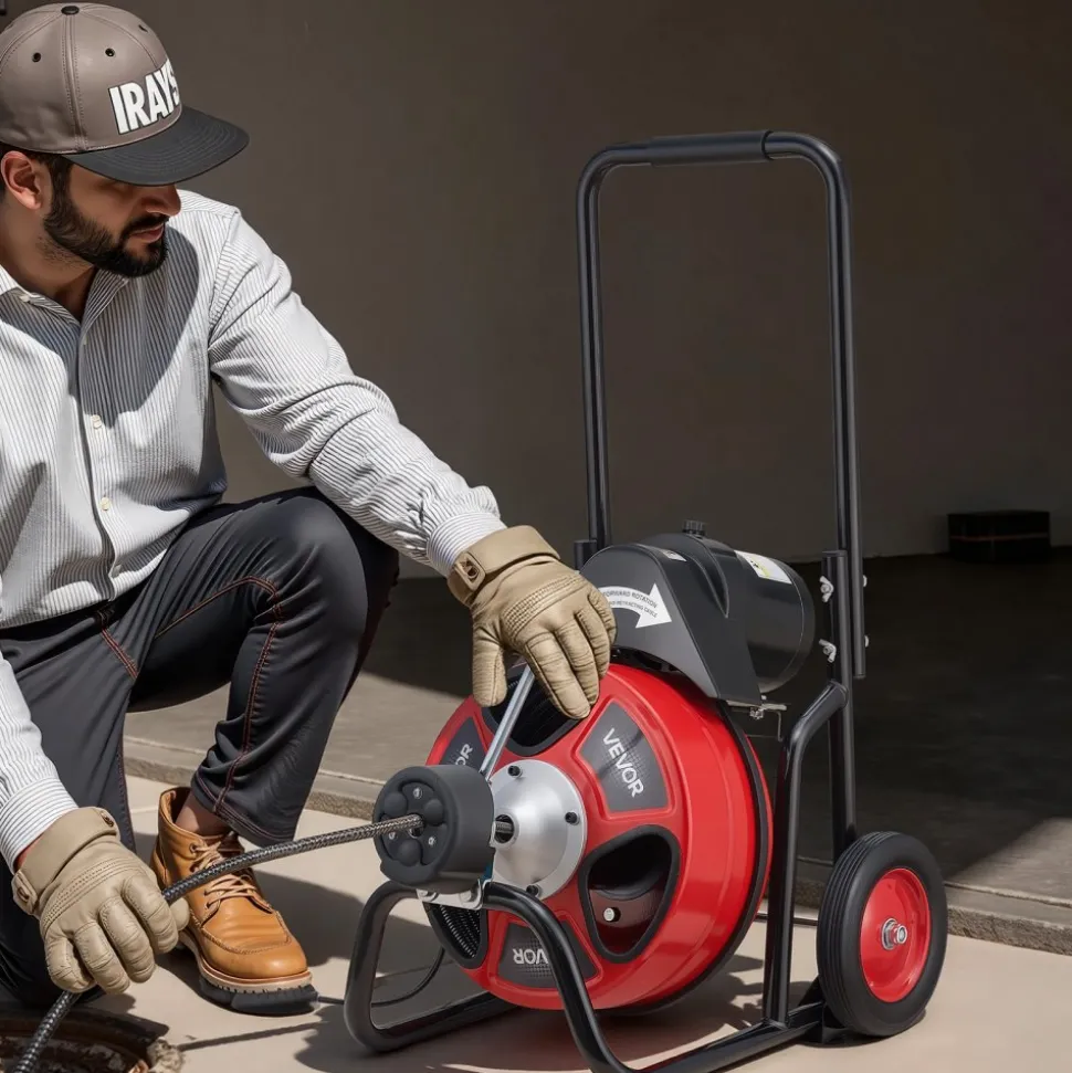VEVOR Drain Cleaner Machine 100 FT x 3/8 Inch, Auto Feed Sewer Snake Auger on Wheels, Portable Drain Cleaning Machine with 4 Cutters & Air-activated Foot Switch for 2" to 4" Pipes