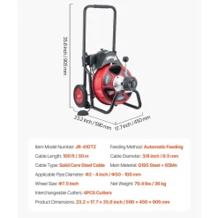 VEVOR Drain Cleaner Machine 100 FT x 3/8 Inch, Auto Feed Sewer Snake Auger on Wheels, Portable Drain Cleaning Machine with 4 Cutters & Air-activated Foot Switch for 2