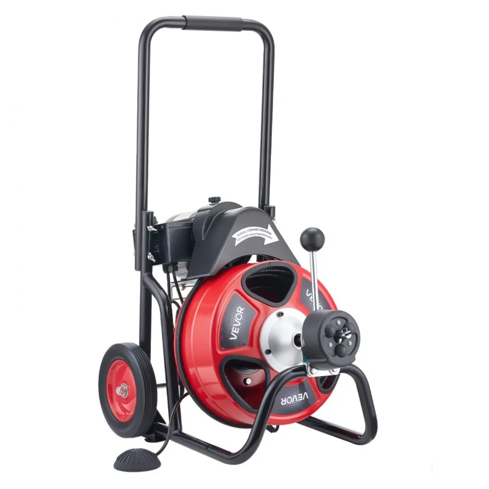 VEVOR Drain Cleaner Machine 100 FT x 3/8 Inch, Auto Feed Sewer Snake Auger on Wheels, Portable Drain Cleaning Machine with 4 Cutters & Air-activated Foot Switch for 2" to 4" Pipes