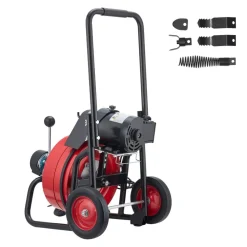 VEVOR Drain Cleaner Machine 100 FT x 3/8 Inch, Auto Feed Sewer Snake Auger on Wheels, Portable Drain Cleaning Machine with 4 Cutters & Air-activated Foot Switch for 2