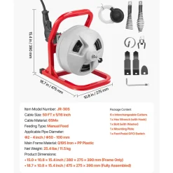 VEVOR Drain Cleaner Machine 66FT x 5/8 Inch, 250W Electric Sewer Snake Auger Manual Feed - with 2 Sectional Steel Cables (66' x 5/8