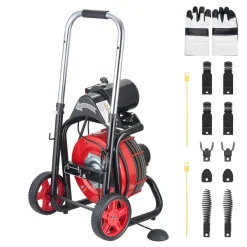 VEVOR Drain Cleaner Machine 100 FT x 3/8 Inch, Auto Feed Sewer Snake Auger on Wheels - with 8 Cutters & Air-Activated Foot Switch for 2