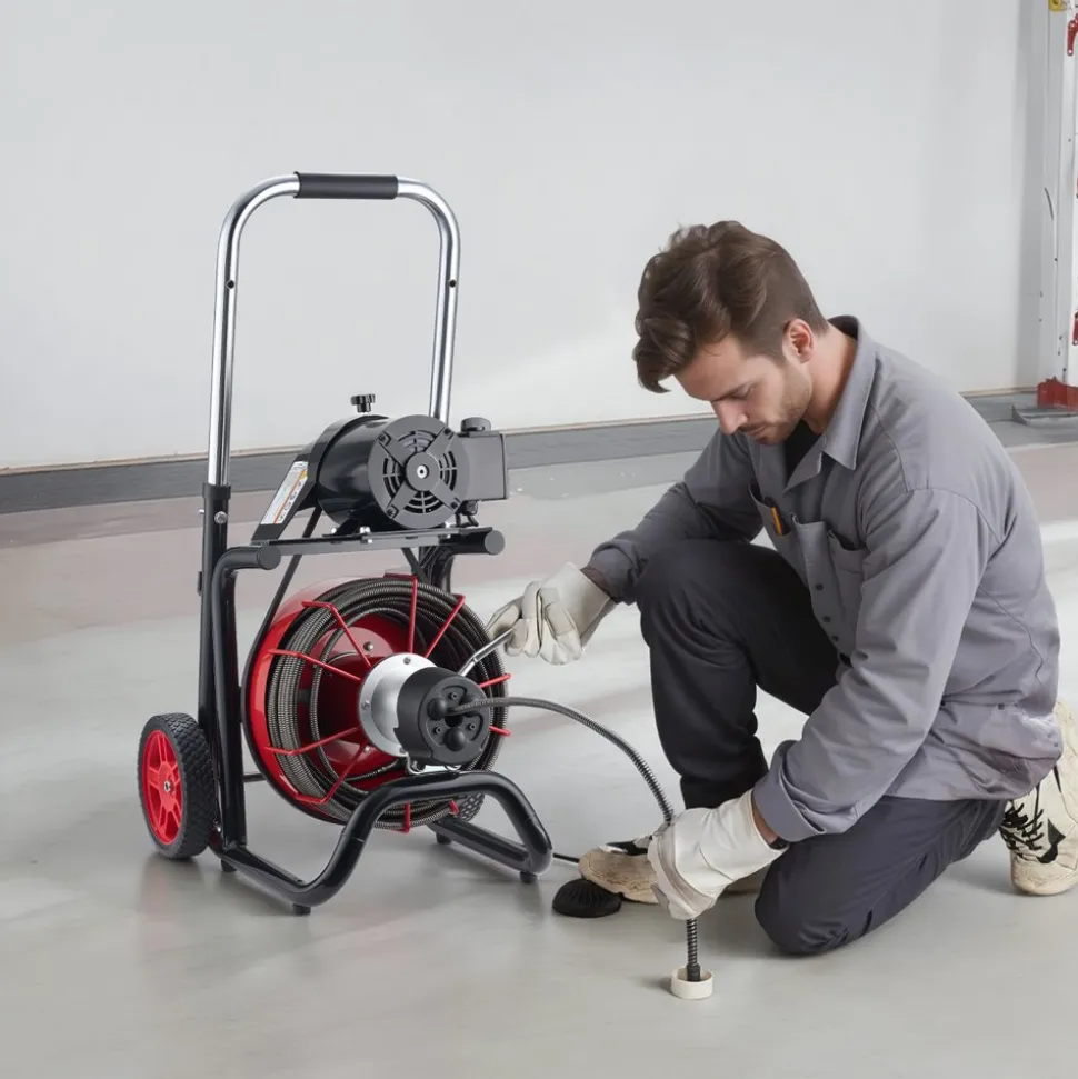 VEVOR Drain Cleaner Machine 100 FT x 3/8 Inch, Auto Feed Sewer Snake Auger on Wheels - with 8 Cutters & Air-Activated Foot Switch for 2" to 4" Pipes