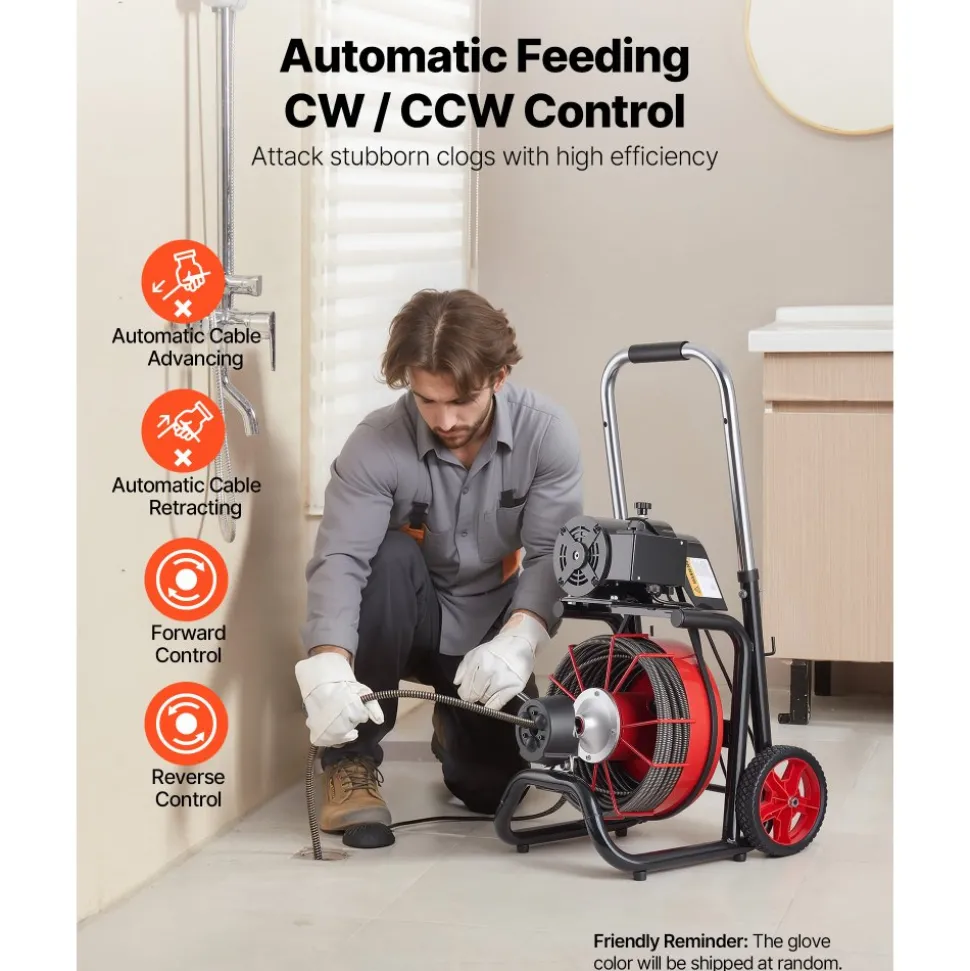 VEVOR Drain Cleaner Machine 100 FT x 3/8 Inch, Auto Feed Sewer Snake Auger on Wheels - with 8 Cutters & Air-Activated Foot Switch for 2" to 4" Pipes