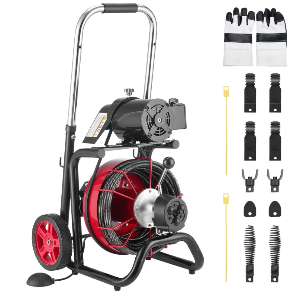 VEVOR Drain Cleaner Machine 100 FT x 3/8 Inch, Auto Feed Sewer Snake Auger on Wheels - with 8 Cutters & Air-Activated Foot Switch for 2" to 4" Pipes