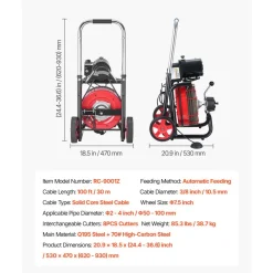 VEVOR Drain Cleaner Machine 100 FT x 3/8 Inch, Auto Feed Sewer Snake Auger on Wheels - with 8 Cutters & Air-Activated Foot Switch for 2