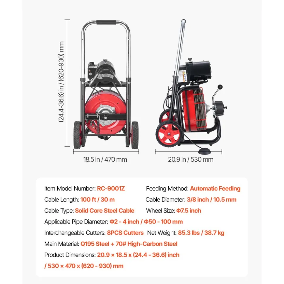 VEVOR Drain Cleaner Machine 100 FT x 3/8 Inch, Auto Feed Sewer Snake Auger on Wheels - with 8 Cutters & Air-Activated Foot Switch for 2" to 4" Pipes