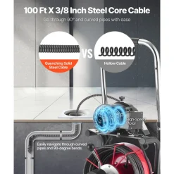 VEVOR Drain Cleaner Machine 100 FT x 3/8 Inch, Auto Feed Sewer Snake Auger on Wheels - with 8 Cutters & Air-Activated Foot Switch for 2