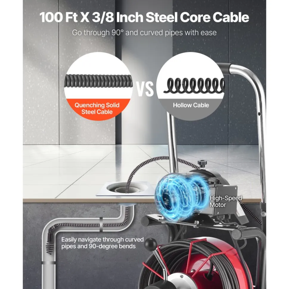 VEVOR Drain Cleaner Machine 100 FT x 3/8 Inch, Auto Feed Sewer Snake Auger on Wheels - with 8 Cutters & Air-Activated Foot Switch for 2" to 4" Pipes
