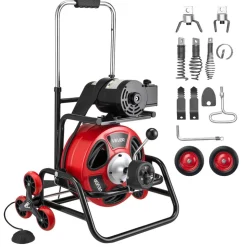 VEVOR Drain Cleaner Machine 100 FT x 3/8 Inch, Auto Feed Sewer Snake Auger, Portable Drain Cleaning Machine with Climbing Wheels, Adjustable Drum, 8 Cutters & Foot Switch for 2" to 4" Pipes