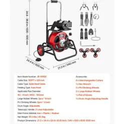 VEVOR Drain Cleaner Machine 100 FT x 3/8 Inch, Auto Feed Sewer Snake Auger, Portable Drain Cleaning Machine with Climbing Wheels, Adjustable Drum, 8 Cutters & Foot Switch for 2