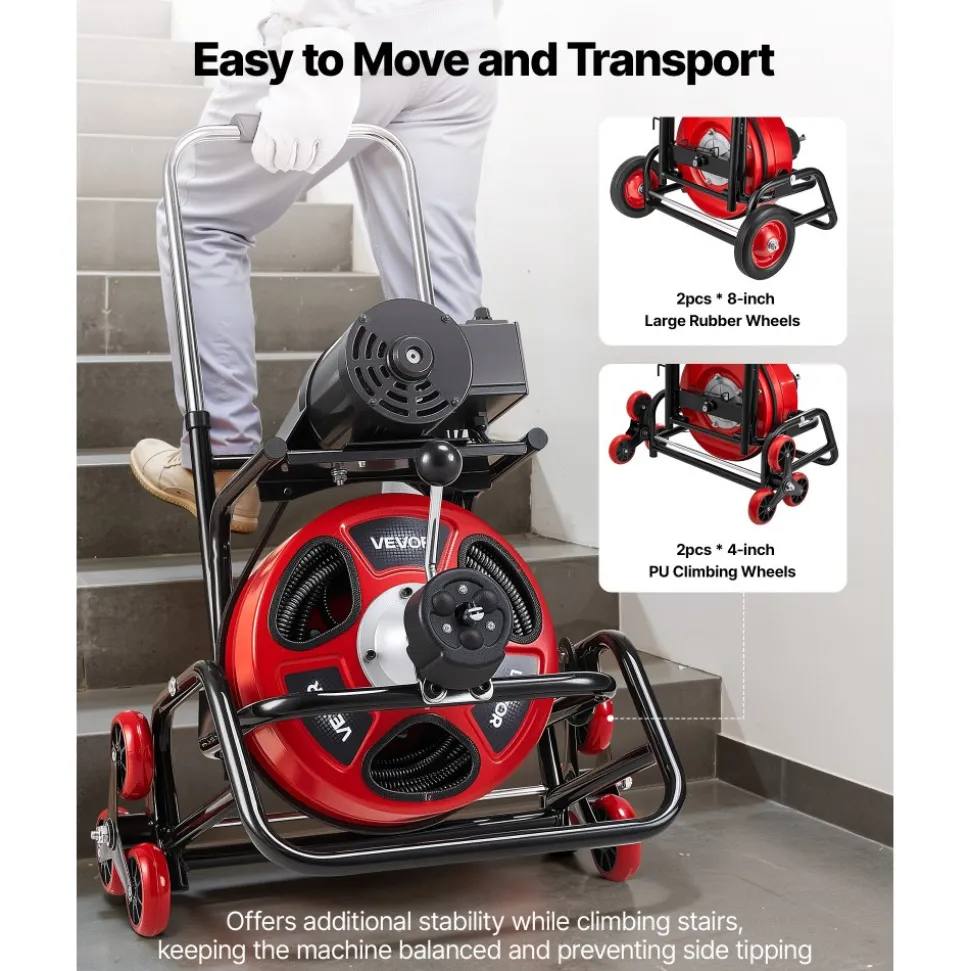 VEVOR Drain Cleaner Machine 100 FT x 3/8 Inch, Auto Feed Sewer Snake Auger, Portable Drain Cleaning Machine with Climbing Wheels, Adjustable Drum, 8 Cutters & Foot Switch for 2" to 4" Pipes