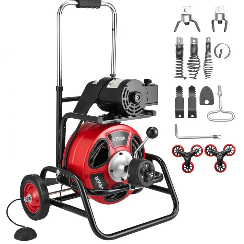 VEVOR Drain Cleaner Machine 75 FT x 1/2 Inch, Auto Feed Sewer Snake Auger, Portable Drain Cleaning Machine with Climbing Wheels, Adjustable Drum, 8 Cutters & Foot Switch for 2" to 6" Pipes