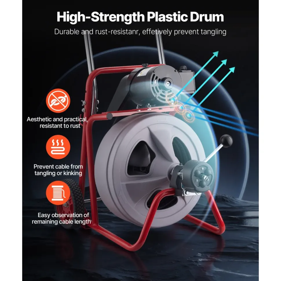 VEVOR Drain Cleaner Machine 75 FT x 1/2 Inch, Auto Feed Sewer Snake Drain Auger on Wheels, Portable Drain Cleaning Machine with 8 Cutters & Air-Activated Foot Switch for 2" to 6" Pipes