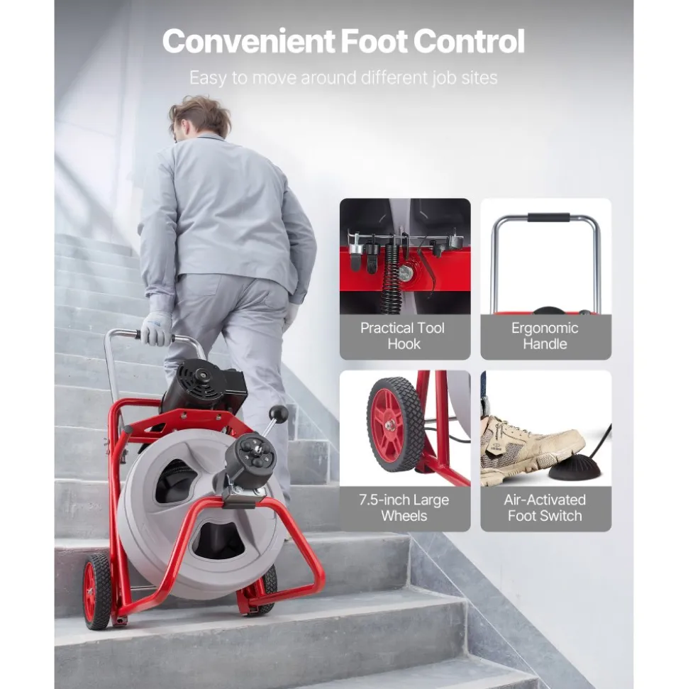 VEVOR Drain Cleaner Machine 75 FT x 1/2 Inch, Auto Feed Sewer Snake Drain Auger on Wheels, Portable Drain Cleaning Machine with 8 Cutters & Air-Activated Foot Switch for 2" to 6" Pipes