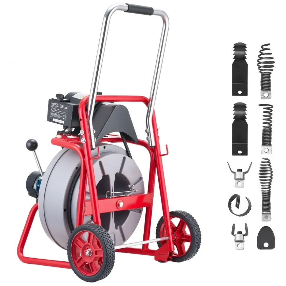 VEVOR Drain Cleaner Machine 75 FT x 1/2 Inch, Auto Feed Sewer Snake Drain Auger on Wheels, Portable Drain Cleaning Machine with 8 Cutters & Air-Activated Foot Switch for 2" to 6" Pipes