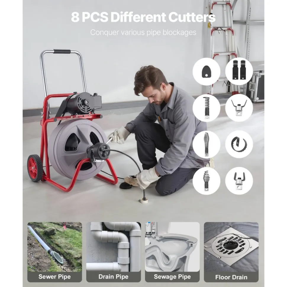 VEVOR Drain Cleaner Machine 75 FT x 1/2 Inch, Auto Feed Sewer Snake Drain Auger on Wheels, Portable Drain Cleaning Machine with 8 Cutters & Air-Activated Foot Switch for 2" to 6" Pipes