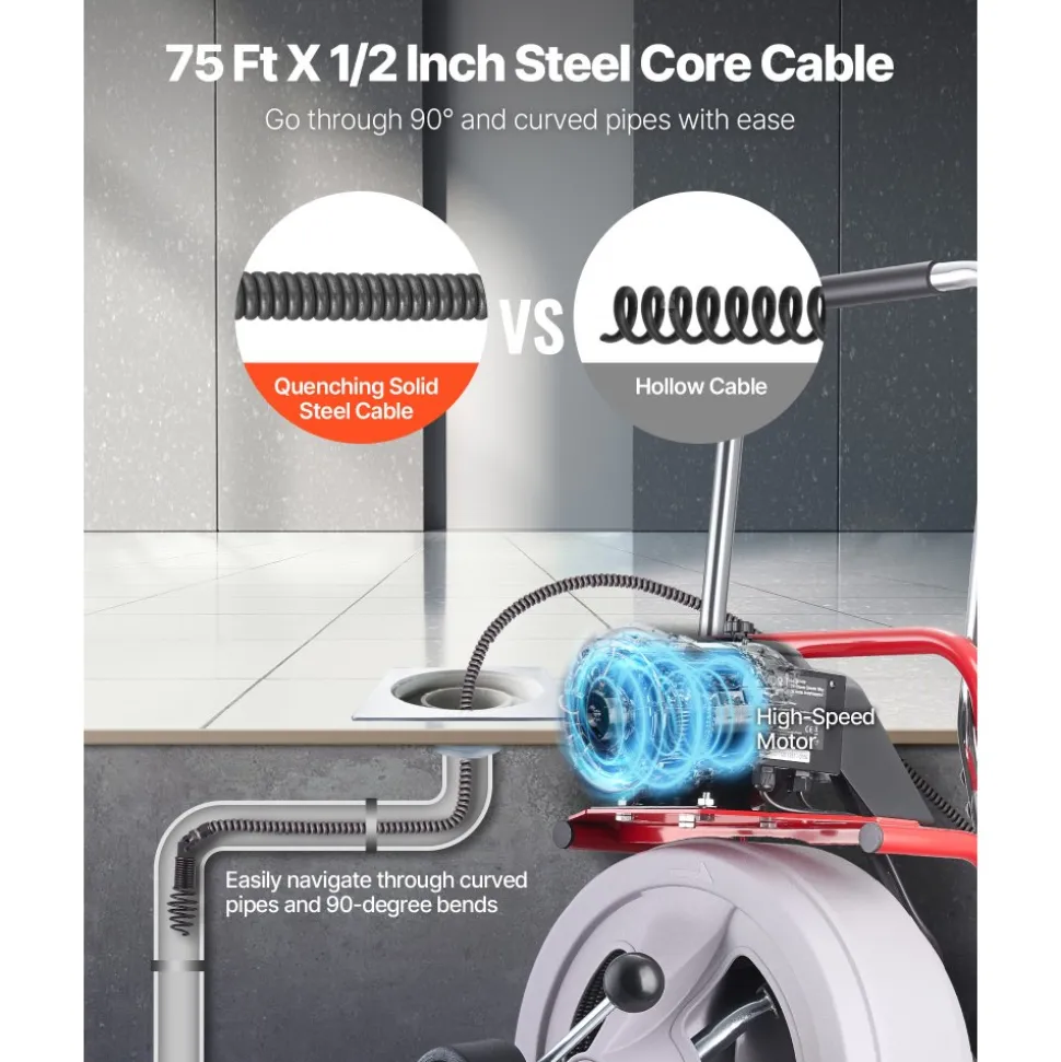 VEVOR Drain Cleaner Machine 75 FT x 1/2 Inch, Auto Feed Sewer Snake Drain Auger on Wheels, Portable Drain Cleaning Machine with 8 Cutters & Air-Activated Foot Switch for 2" to 6" Pipes
