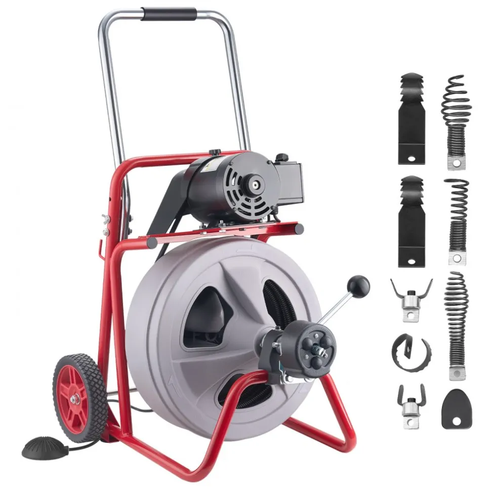 VEVOR Drain Cleaner Machine 75 FT x 1/2 Inch, Auto Feed Sewer Snake Drain Auger on Wheels, Portable Drain Cleaning Machine with 8 Cutters & Air-Activated Foot Switch for 2" to 6" Pipes