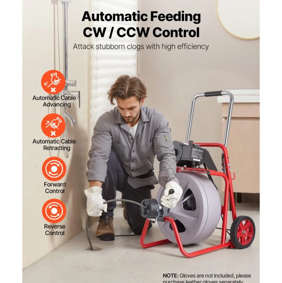 VEVOR Drain Cleaner Machine 75 FT x 1/2 Inch, Auto Feed Sewer Snake Drain Auger on Wheels, Portable Drain Cleaning Machine with 8 Cutters & Air-Activated Foot Switch for 2" to 6" Pipes