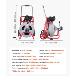 VEVOR Drain Cleaner Machine 75 FT x 1/2 Inch, Auto Feed Sewer Snake Drain Auger on Wheels, Portable Drain Cleaning Machine with 8 Cutters & Air-Activated Foot Switch for 2