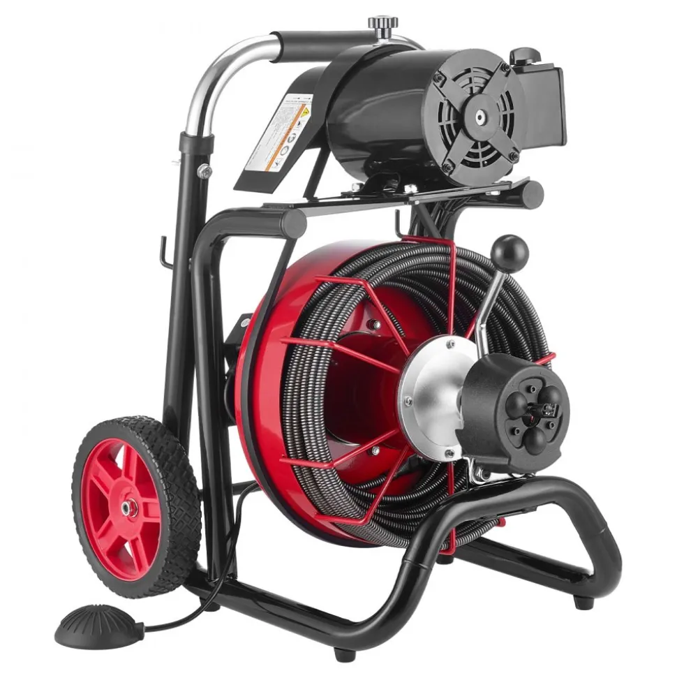 VEVOR Drain Cleaner Machine 100 FT x 1/2 Inch, Auto Feed Sewer Snake Auger on Wheels - with 8 Cutters & Air-Activated Foot Switch for 2" to 6" Pipes