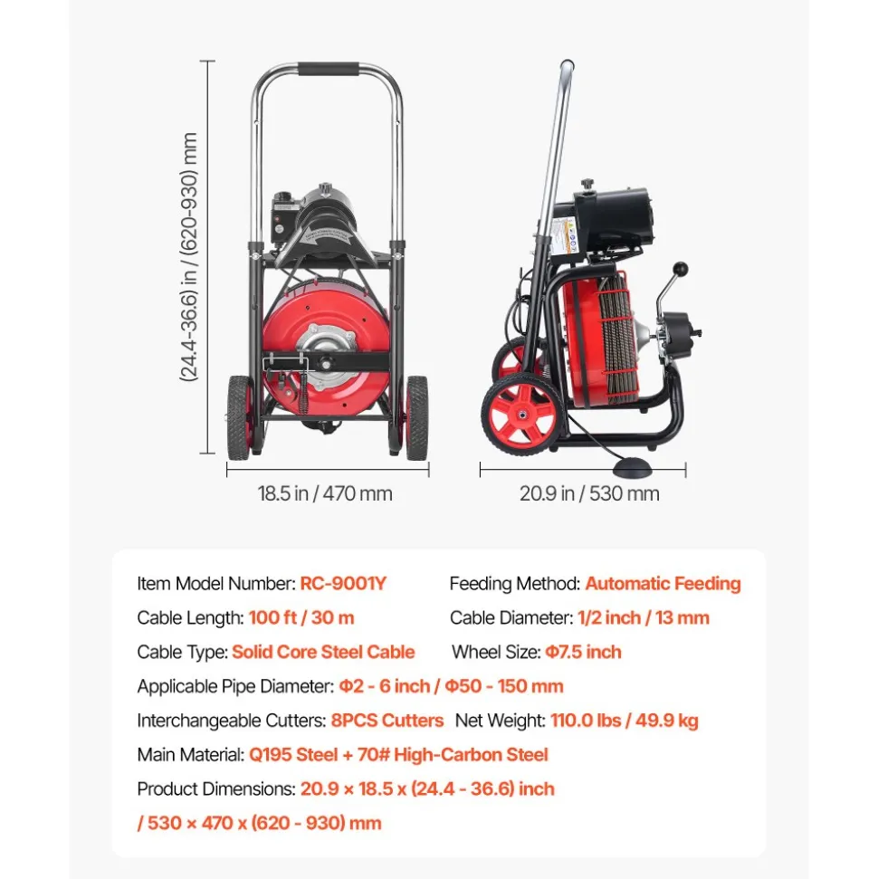 VEVOR Drain Cleaner Machine 100 FT x 1/2 Inch, Auto Feed Sewer Snake Auger on Wheels - with 8 Cutters & Air-Activated Foot Switch for 2" to 6" Pipes