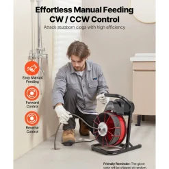 VEVOR Drain Cleaner Machine 75 FT x 1/2 Inch, Sewer Snake Auger Manual Feed with 4 Cutters & Air-activated Foot Switch for 2