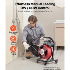 VEVOR Drain Cleaner Machine 50 FT x 1/2 Inch, Manual Feed Sewer Snake Auger on Wheels - with 4 Cutters & Air-activated Foot Switch for 2" to 6" Pipes