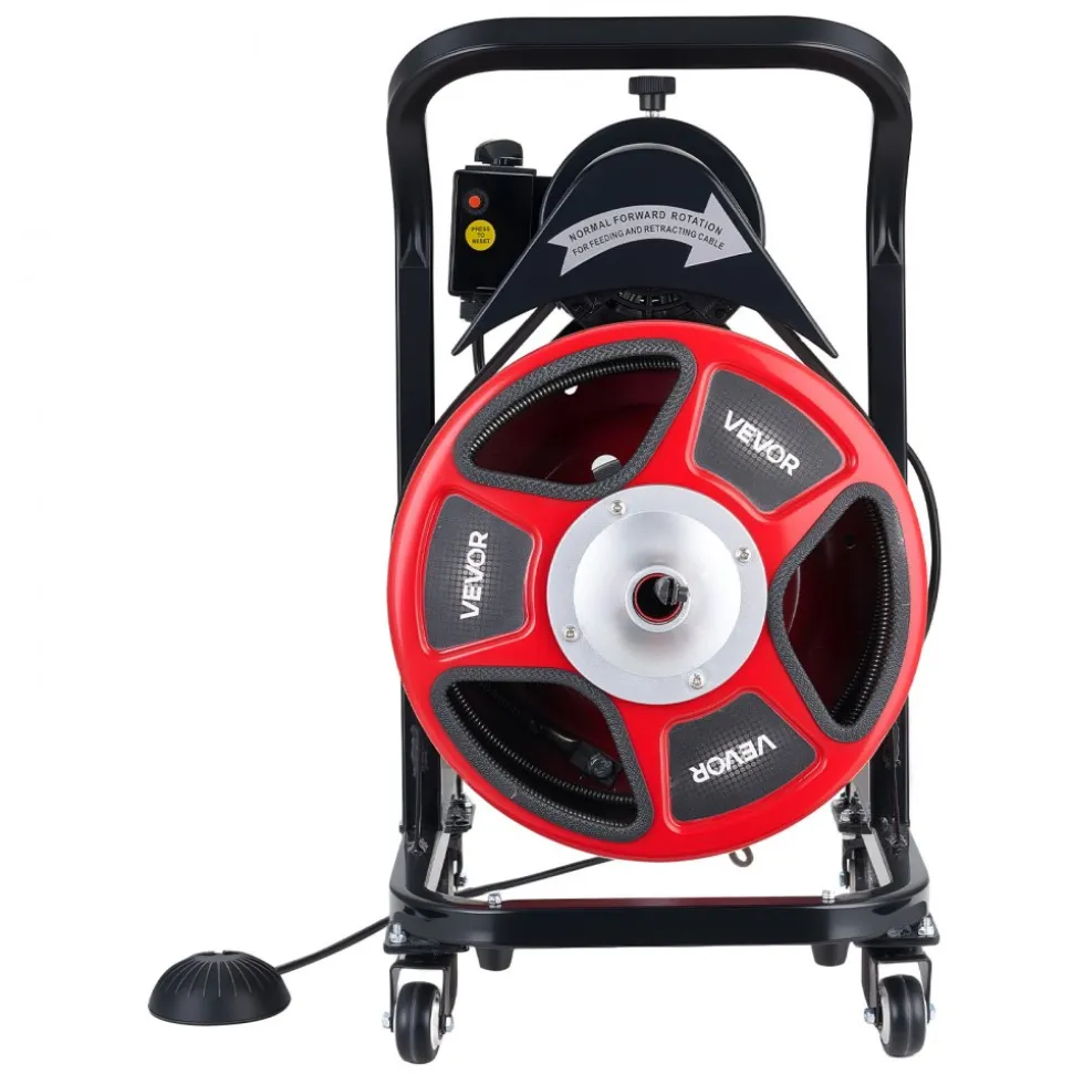 VEVOR Drain Cleaner Machine 50 FT x 1/2 Inch, Manual Feed Sewer Snake Auger on Wheels - with 4 Cutters & Air-activated Foot Switch for 2" to 6" Pipes