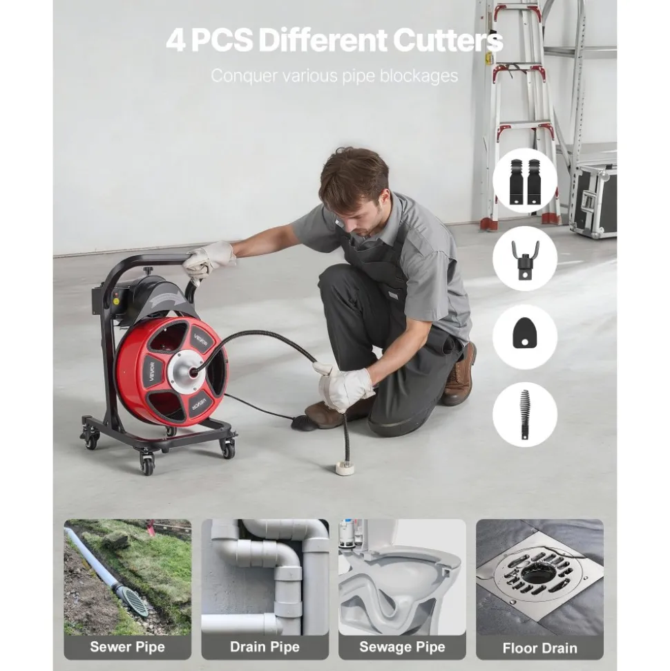 VEVOR Drain Cleaner Machine 50 FT x 1/2 Inch, Manual Feed Sewer Snake Auger on Wheels - with 4 Cutters & Air-activated Foot Switch for 2" to 6" Pipes